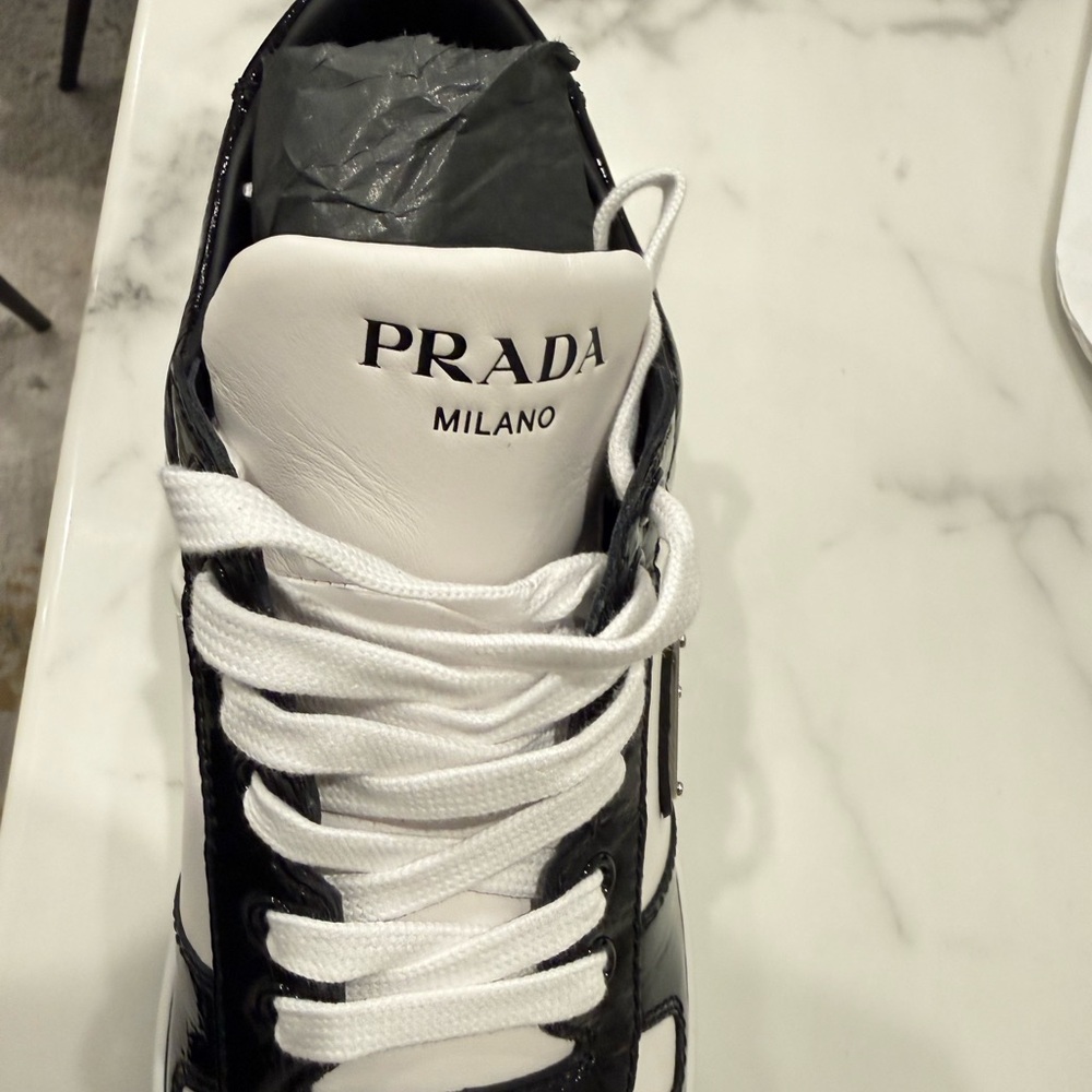 Prada Black and White Leather Sneaker with Silver Hardware
